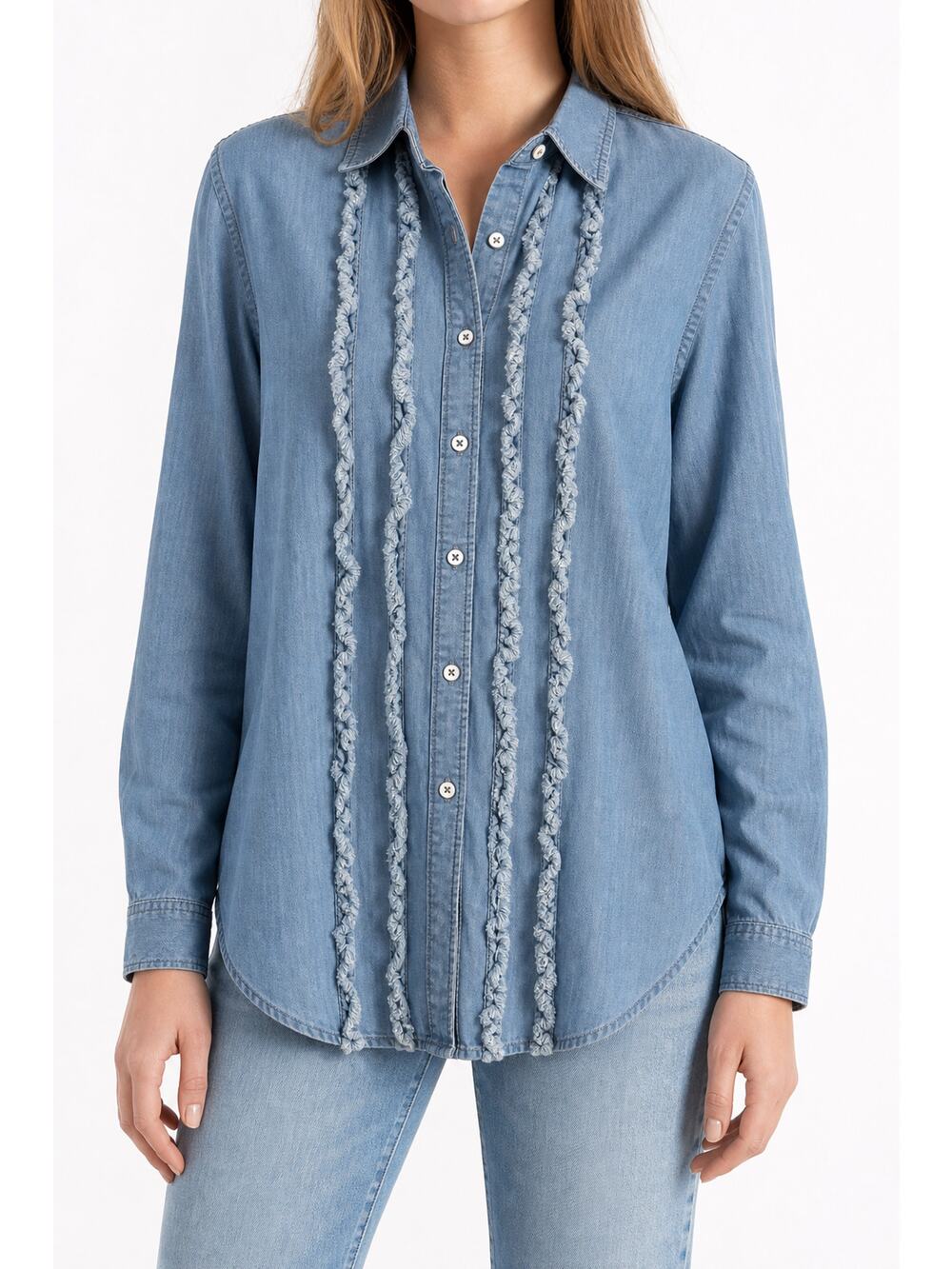 Pilcro Anthropologie Juni Chambray Ruffle Button Down Shirt M Preppy Cowgirl Y2K